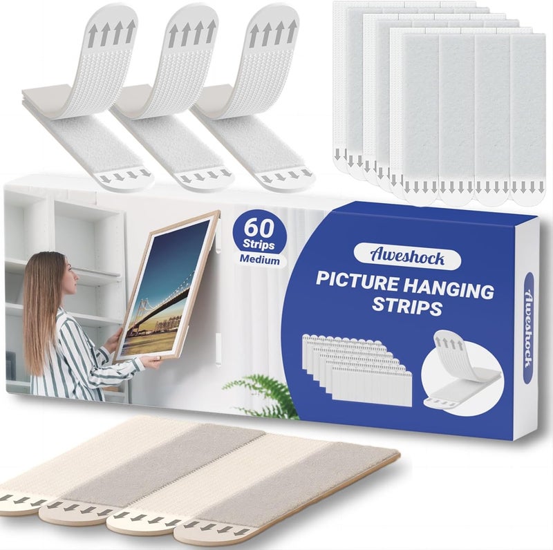 Aweshock Picture Hanging Strips , Adhesive Wall Hanging Strips Damage Free ,Heavy Duty Sticky Tack for Wall Hanging Posters Strips, 30 Pairs(60 Strips) Medium Picture Hangers Without Nails - Image 1